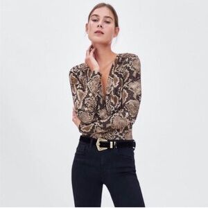 Zara Deep V-neck Snakeskin Long Sleeve Bodysuit Size Large